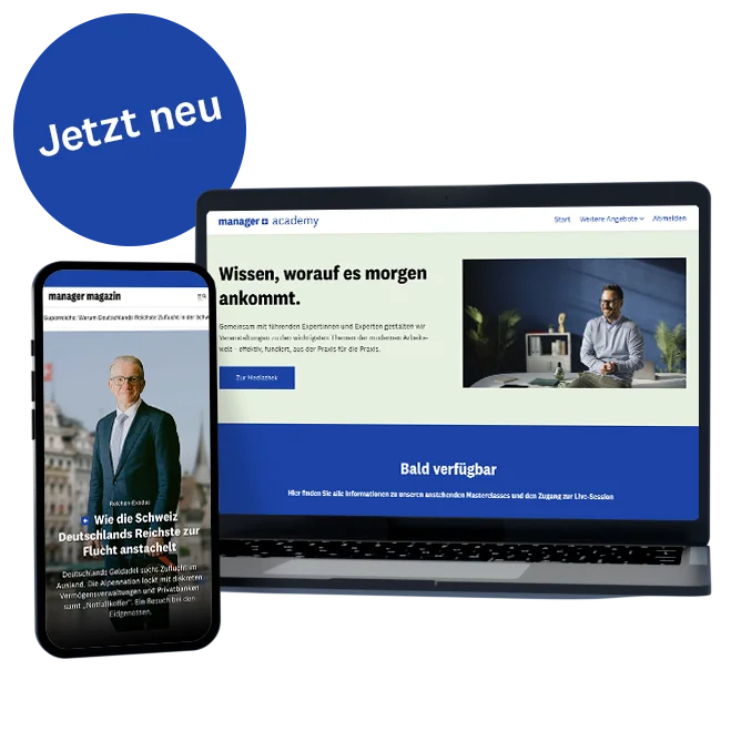 Laptop mit Kurs, Smartphone mit m+-Artikel, Störer "Jetzt neu"